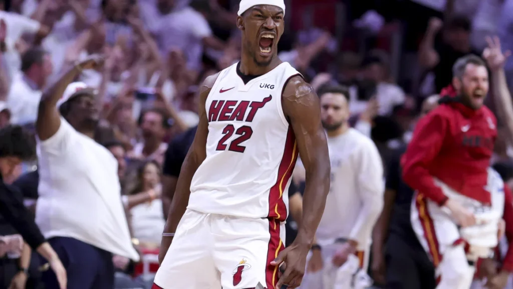 Jimmy Butler charged up in a Miami Heat jersey during a game