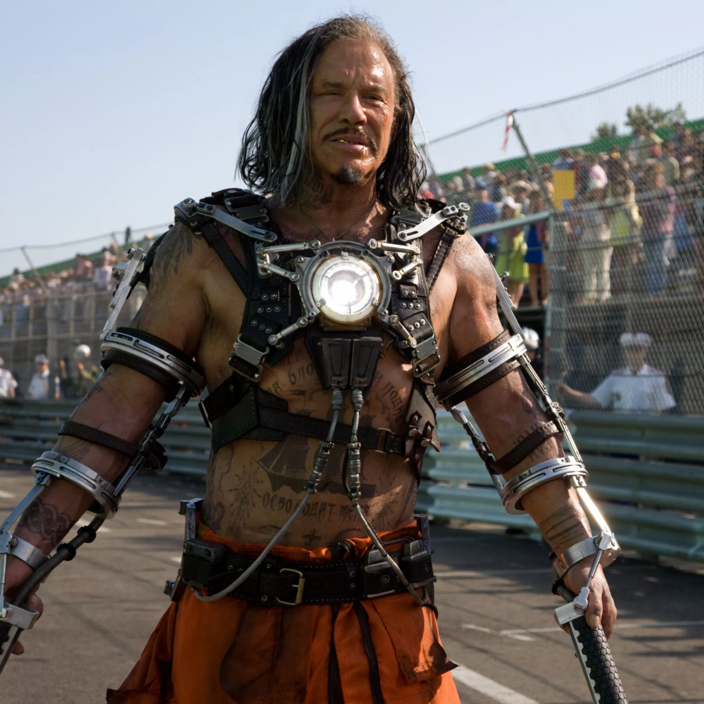 Mickey Rourke as the villain Whiplash (Ivan Vanko) in the 2010 film Iron Man 2