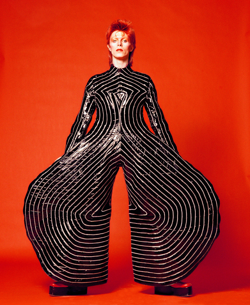 David Bowie in the Kansai Yamamoto-designed striped bodysuit, worn during his 1973 Aladdin Sane tour