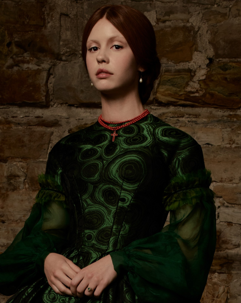 Mia Goth in costume for her role as Elizabeth in Guillermo del Toro's 2025 film Frankenstein