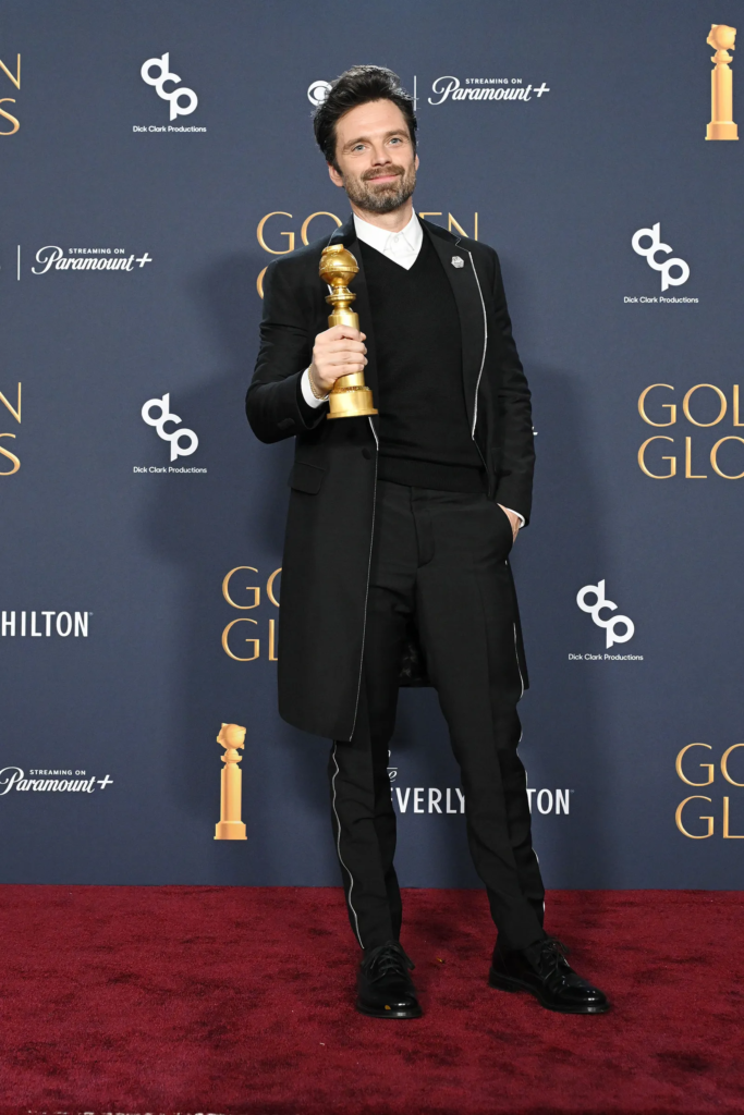 Sebastian Stan is pictured at the 82nd Golden Globe Awards in 2025 where he won his first Golden Globe for Best Performance by a Male Actor in a Motion Picture – Musical or Comedy for his role in A Different Man. 