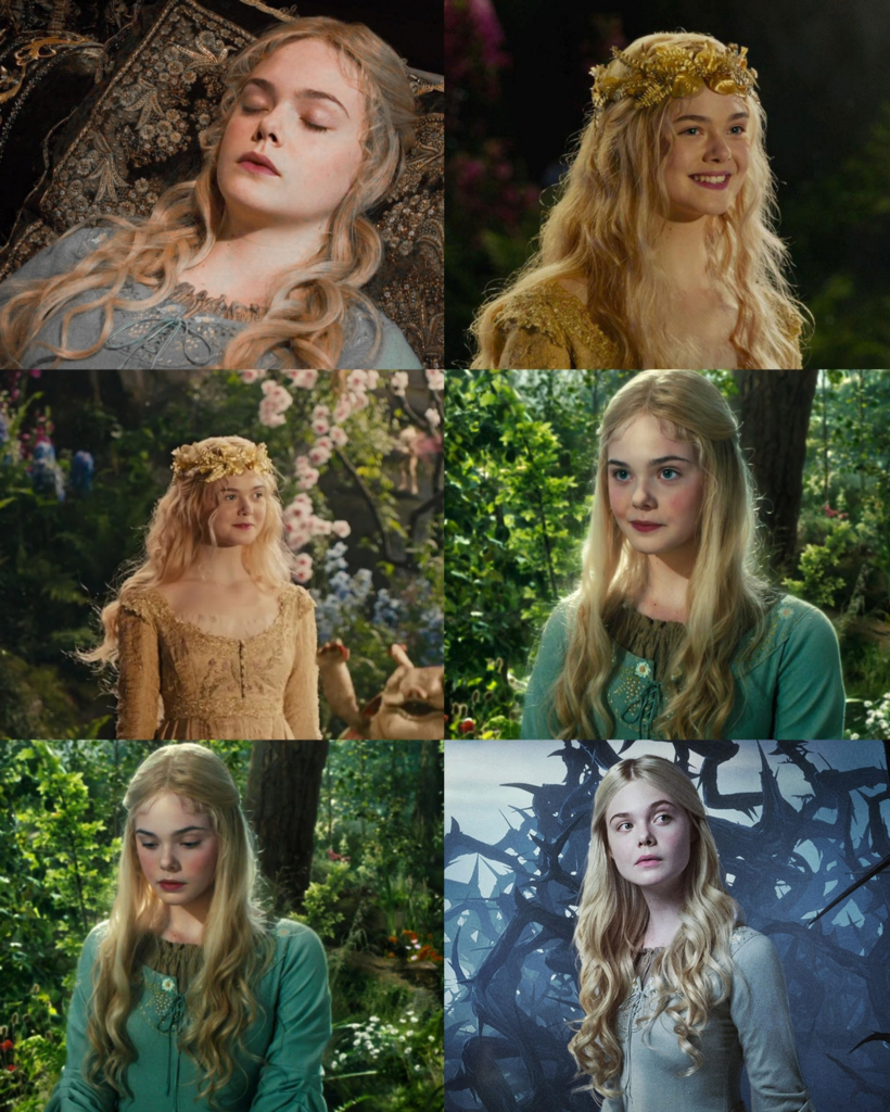 Elle Fanning in her role as Princess Aurora (Sleeping Beauty) in the live-action Disney films Maleficent (2014) and Maleficent: Mistress of Evil (2019).