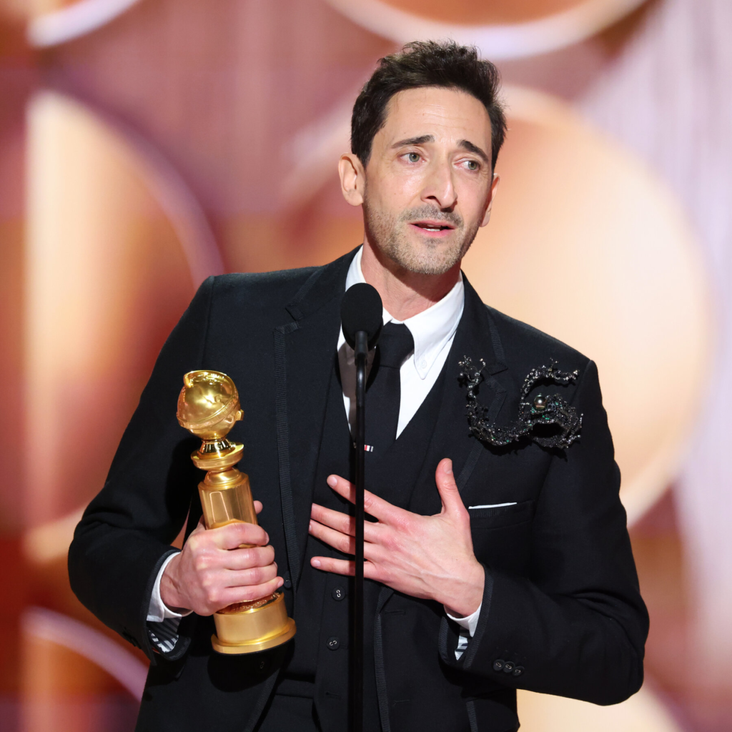 Adrien Brody receiving his Golden Globe award