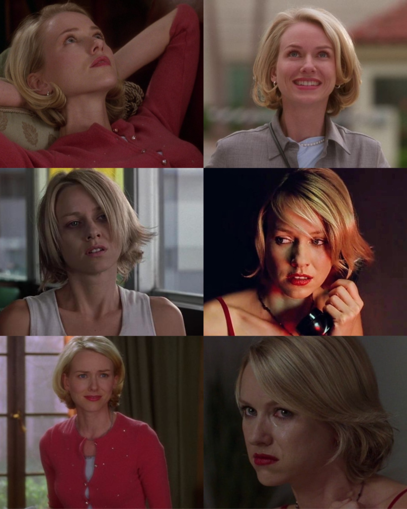 Naomi Watts in her breakout role as Betty Elms and Diane Selwyn in the 2001 surrealist neo-noir mystery film Mulholland Drive
