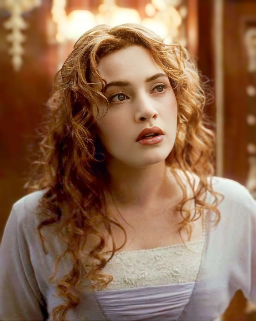 Kate Winslet portraying the character Rose DeWitt Bukater in a scene from the 1997 film Titanic