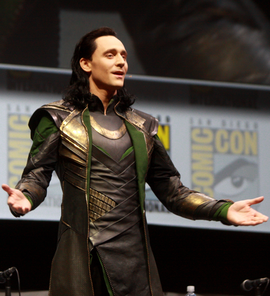 Tom Hiddleston portraying the character Loki, specifically from the Marvel Cinematic Universe