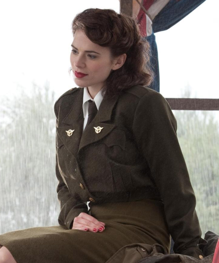 Hayley Atwell portraying the character Peggy Carter, in the Marvel Cinematic Universe