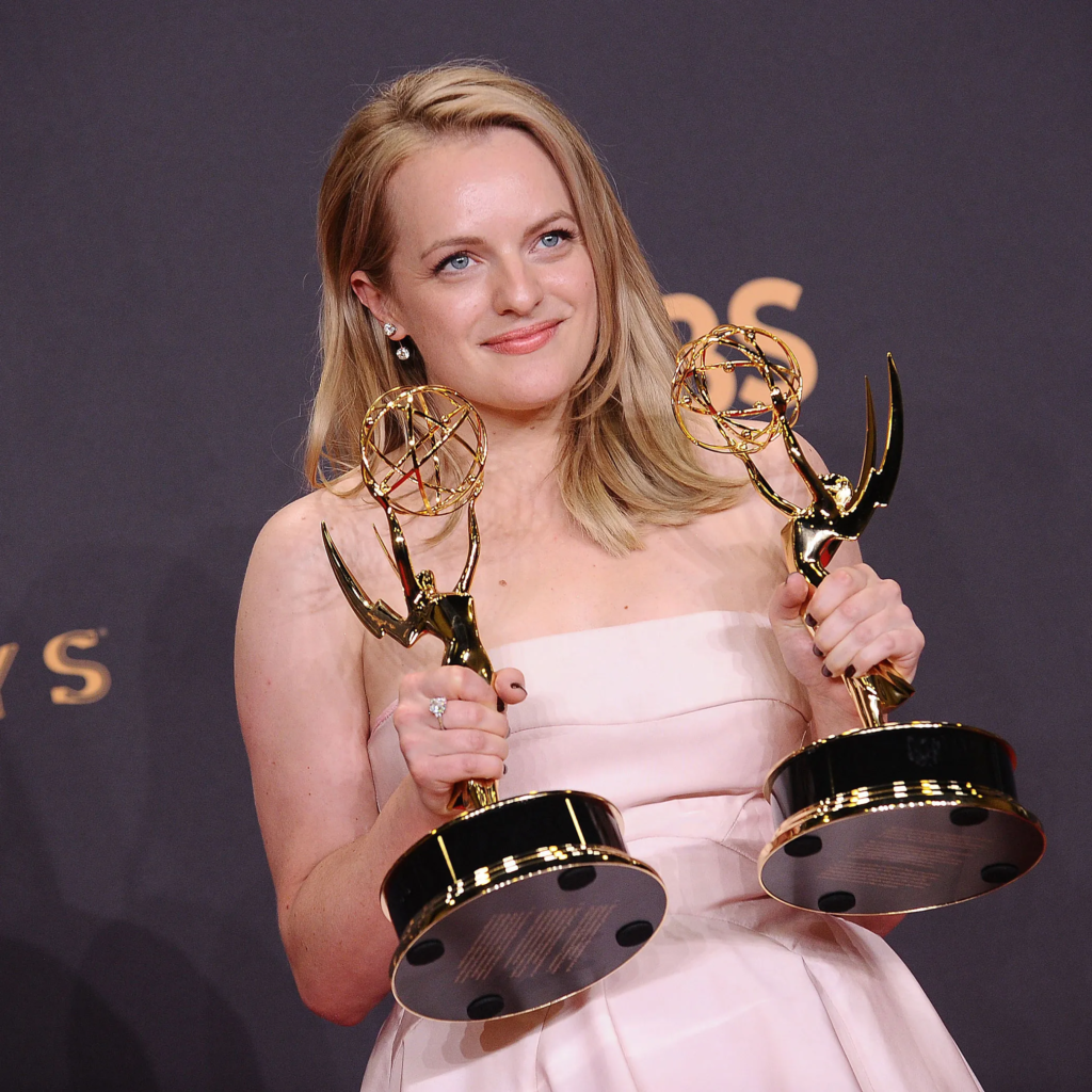 Elisabeth Moss, celebrating her wins at the 69th Primetime Emmy Awards on September 17, 2017
