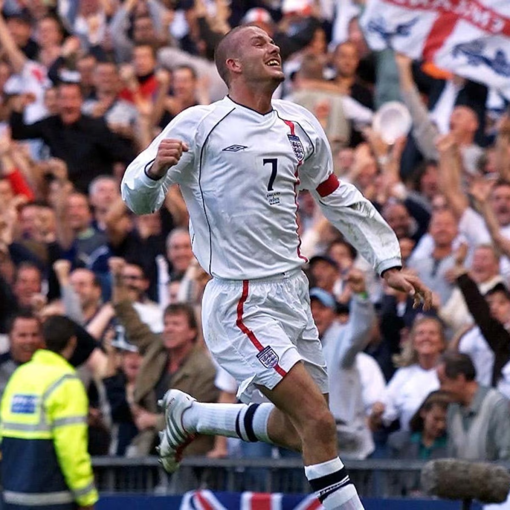 David Beckham celebrating his famous free-kick goal for England against Greece on October 6, 2001
