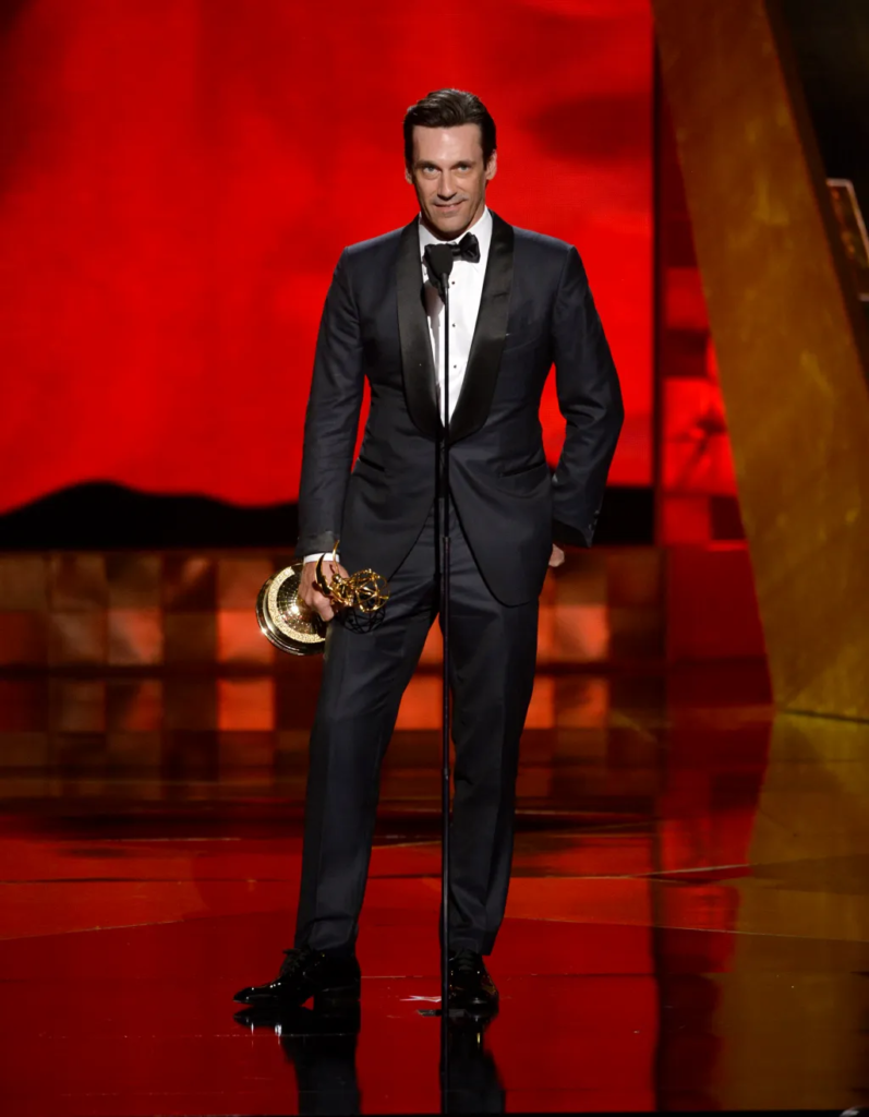 Jon Hamm accepting his first Primetime Emmy Award in 2015