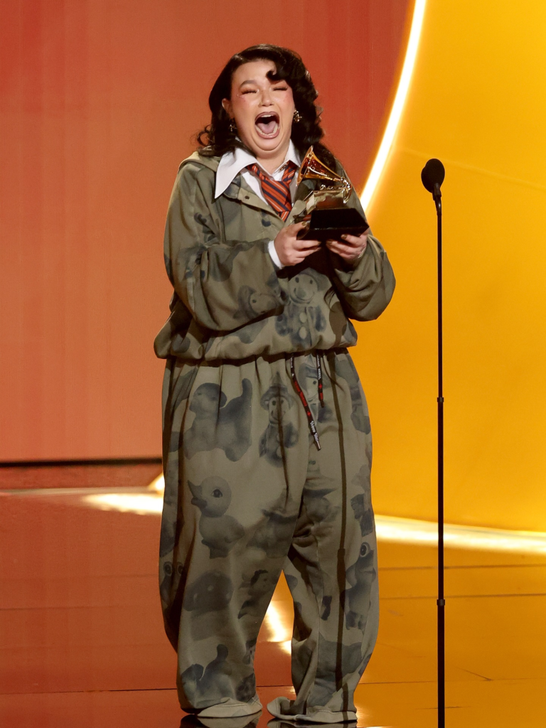 Lola Young celebrating her first Grammy win for Best Pop Solo Performance for her hit song "Messy" at the 68th Annual Grammy Awards on February 1, 2026