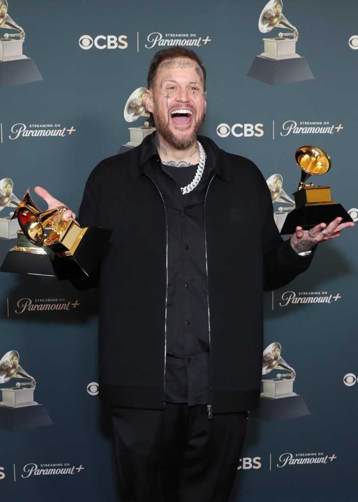 Jelly Roll posing in the press room after winning three awards at the 68th Annual Grammy Awards on February 1, 2026