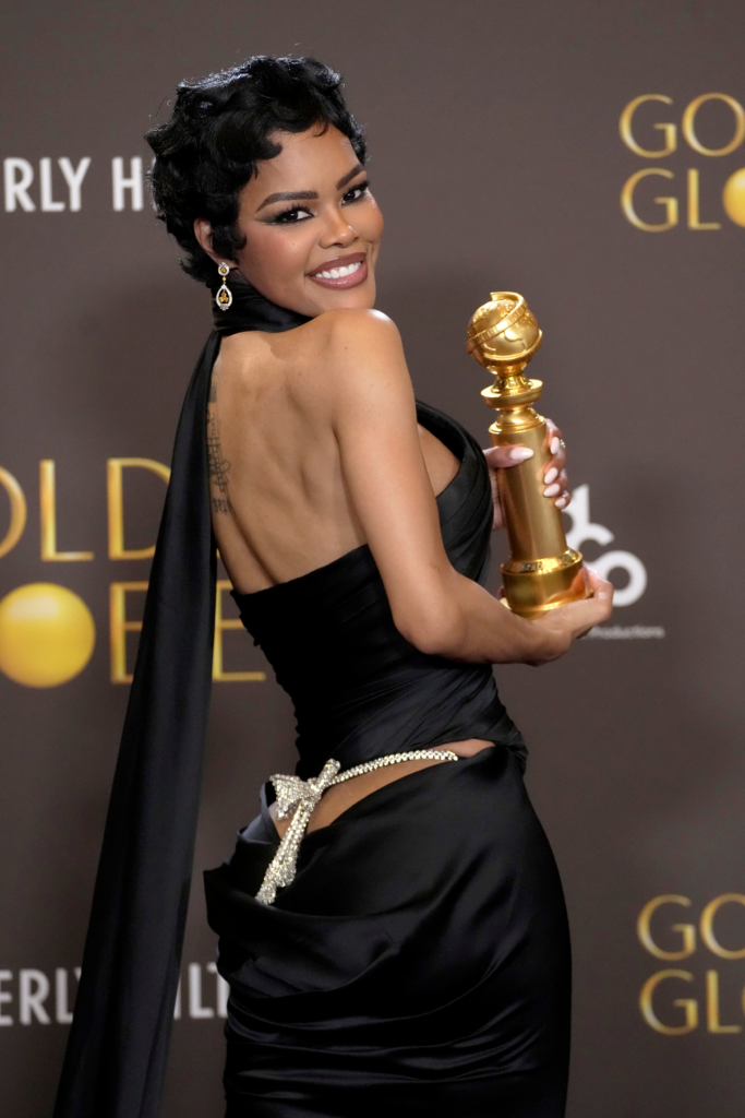 Teyana Taylor celebrating her Golden Globe win