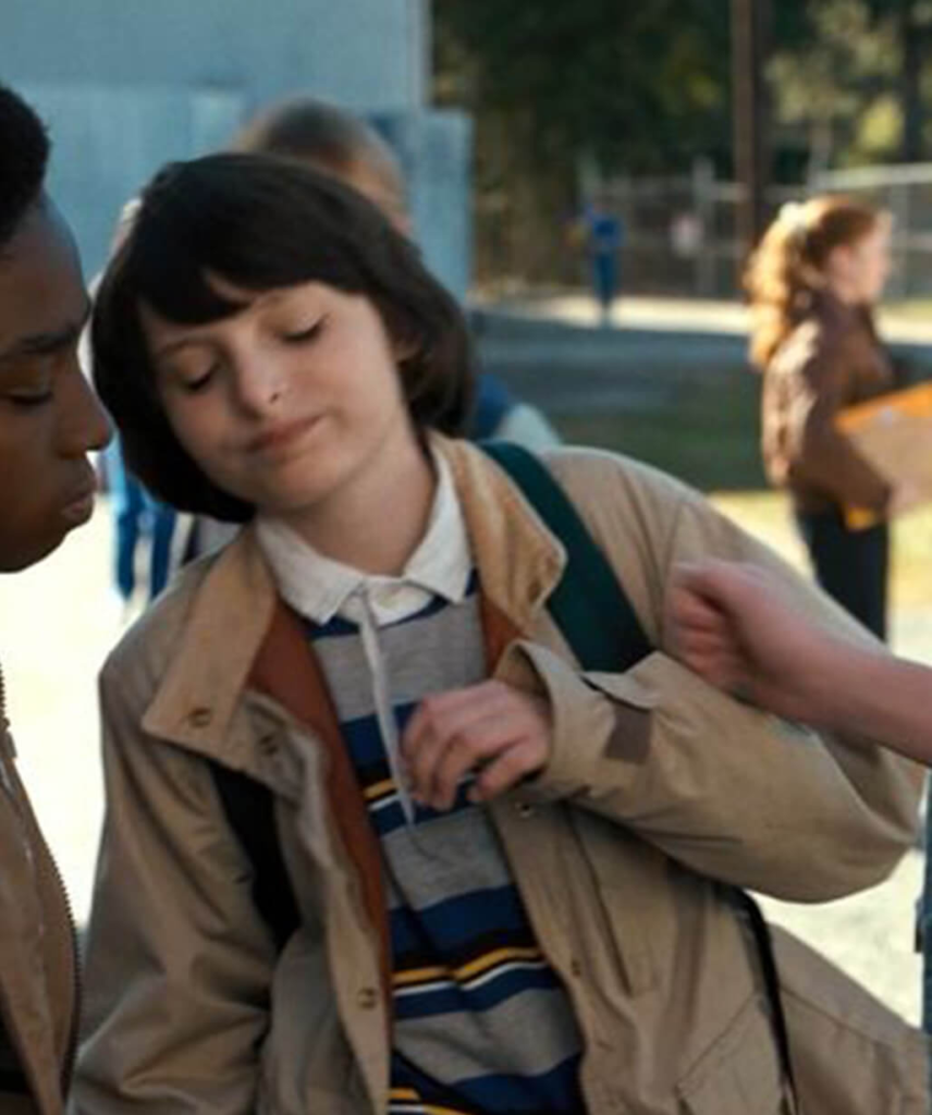 Finn Wolfhard portraying the character Mike Wheeler in a scene from the television series Stranger Things