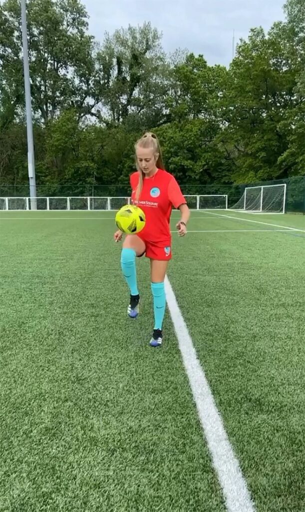 Brittany Mahomes, a co-owner of the KC Current women's soccer team and former professional soccer player, performing soccer drills