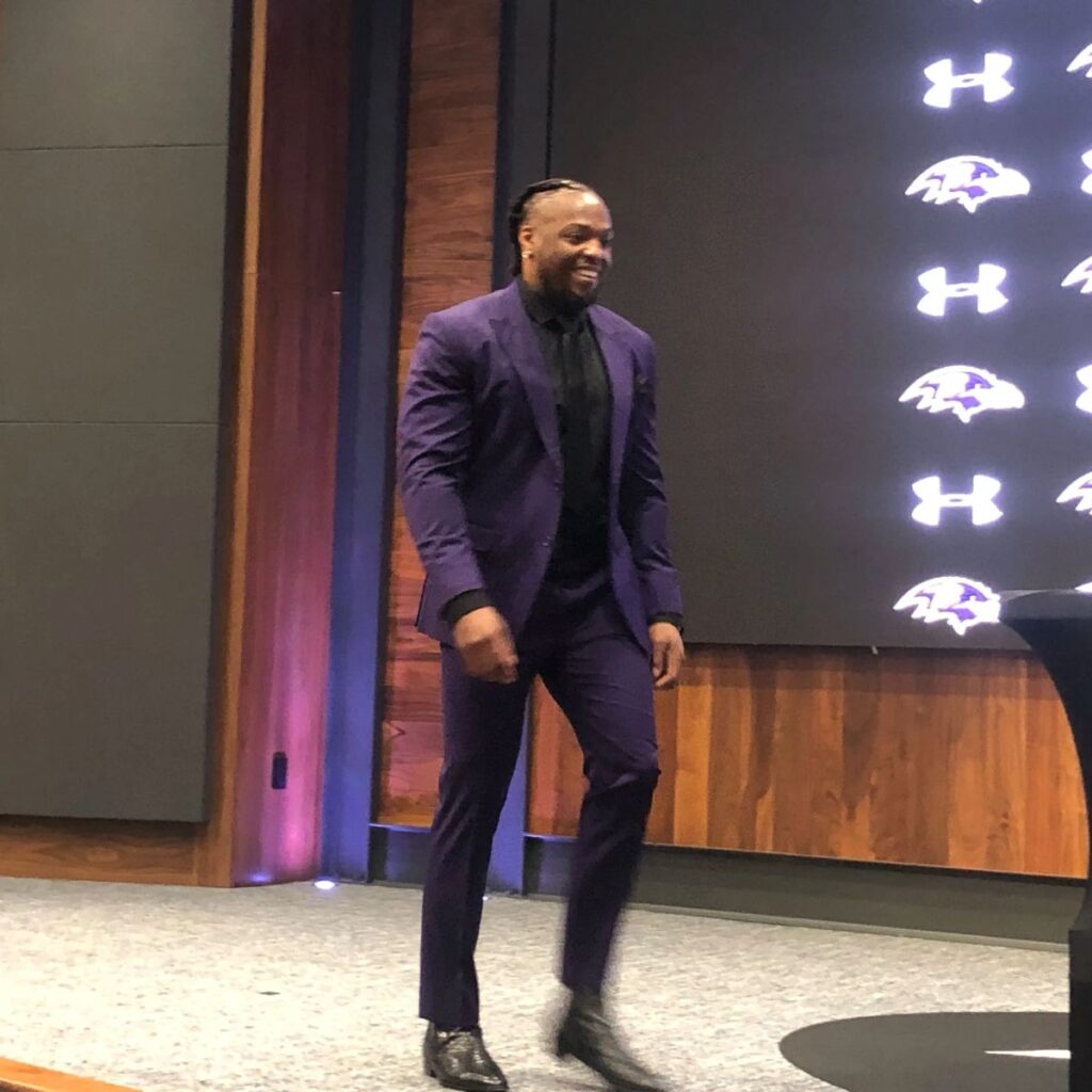 Derrick Henry at his introductory press conference with the Baltimore Ravens