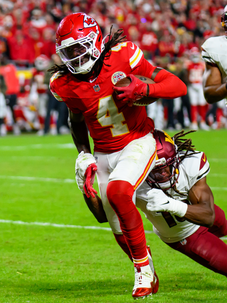 a moment in time during a National Football League (NFL) game featuring Kansas City Chiefs wide receiver Rashee Rice