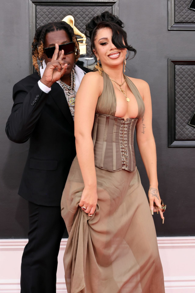 Kali Uchis and rapper Don Toliver arriving together at the 64th Annual Grammy Awards in Las Vegas on April 3, 2022