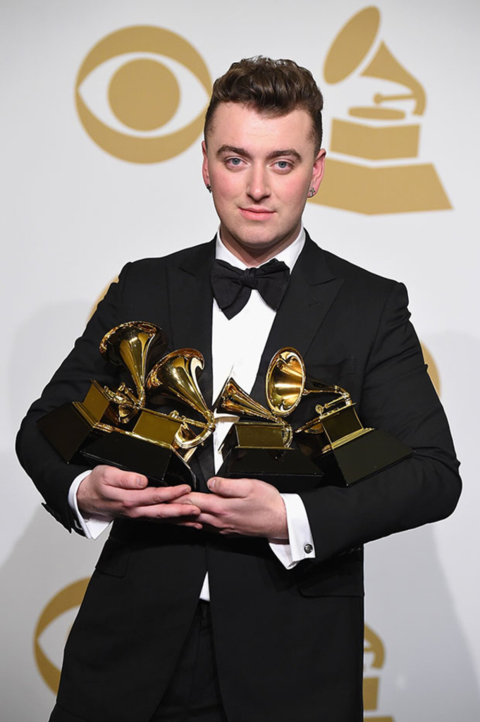 Sam Smith celebrating his multiple wins at the 57th Annual Grammy Awards in 2015