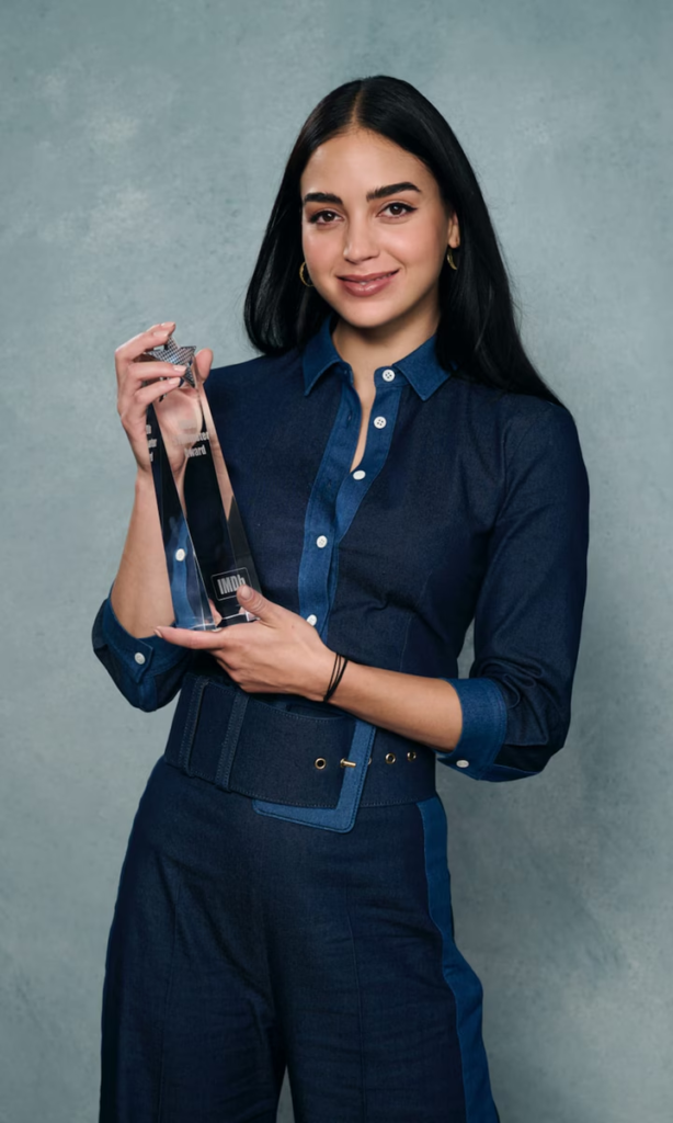 Melissa Barrera is pictured receiving an IMDb "Fan Favorite" STARmeter Award in September 2022