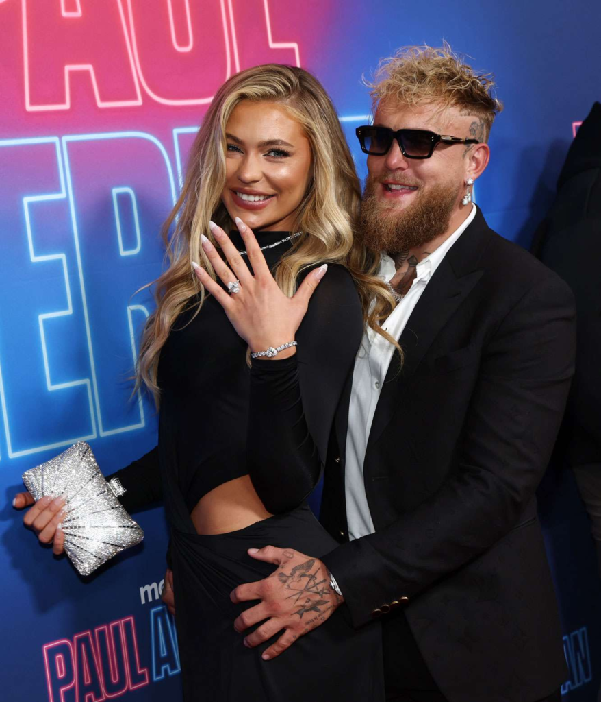 Jake Paul with his fiancée, Dutch Olympic speed skater Jutta Leerdam, at the New York City premiere of their reality show, "Paul American"