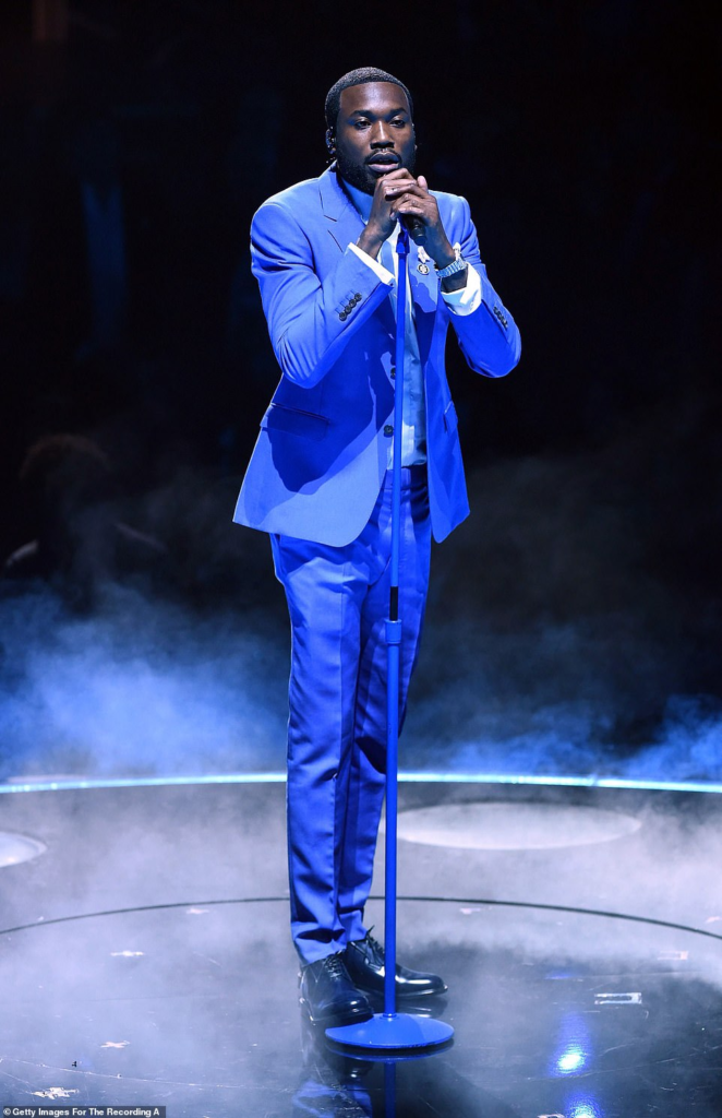 Meek Mill performing on stage during a tribute to Nipsey Hussle at the 62nd Annual Grammy Awards on January 26, 2020