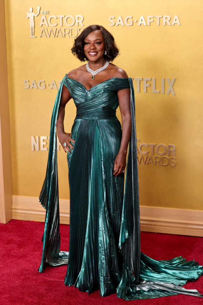 Viola Davis attended the 32nd Annual Actor Awards (formerly the SAG Awards) on March 1, 2026, in Los Angeles, California, wearing a custom emerald green pleated silk Lurex gown by Gucci