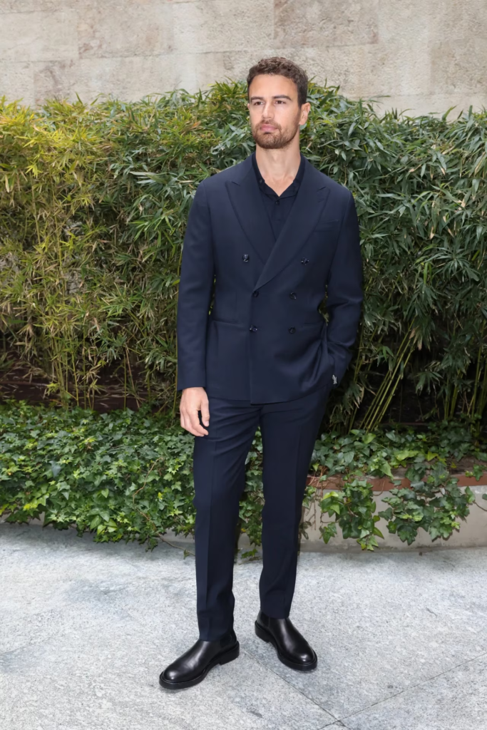 Theo James attending the Giorgio Armani fashion show during Milan Menswear Fall/Winter 2023/2024 in Italy