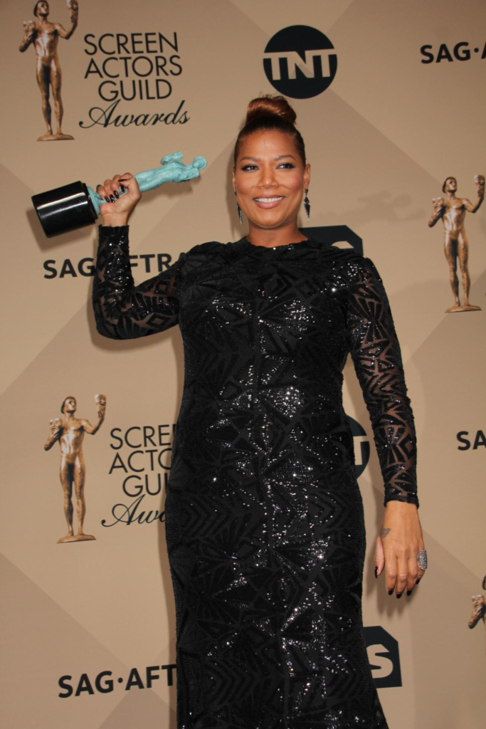 Queen Latifah celebrating her win at the 22nd Annual Screen Actors Guild (SAG) Awards