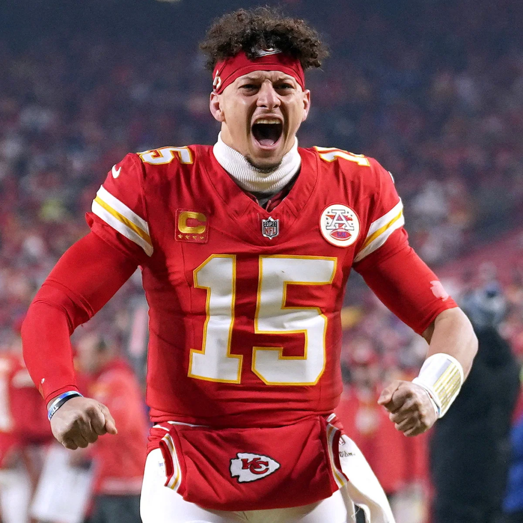Patrick Mahomes celebrating a victory for the Kansas City Chiefs
