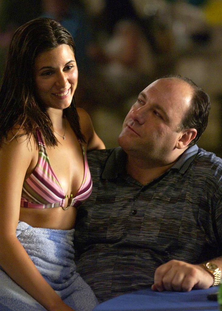 James Gandolfini as Tony Soprano and Jamie-Lynn Sigler as his daughter Meadow Soprano from the HBO series The Sopranos