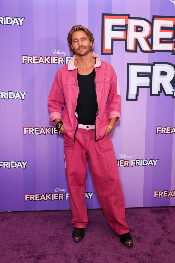 actor Chad Michael Murray wearing a vibrant pink corduroy jacket over a black t-shirt at the Freakier Friday premiere