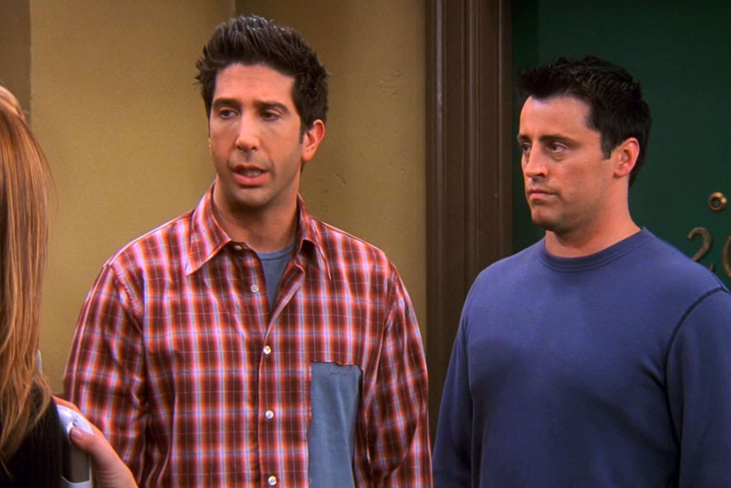 David Schwimmer as Ross Geller and Matt LeBlanc as Joey Tribbiani from the television show Friends