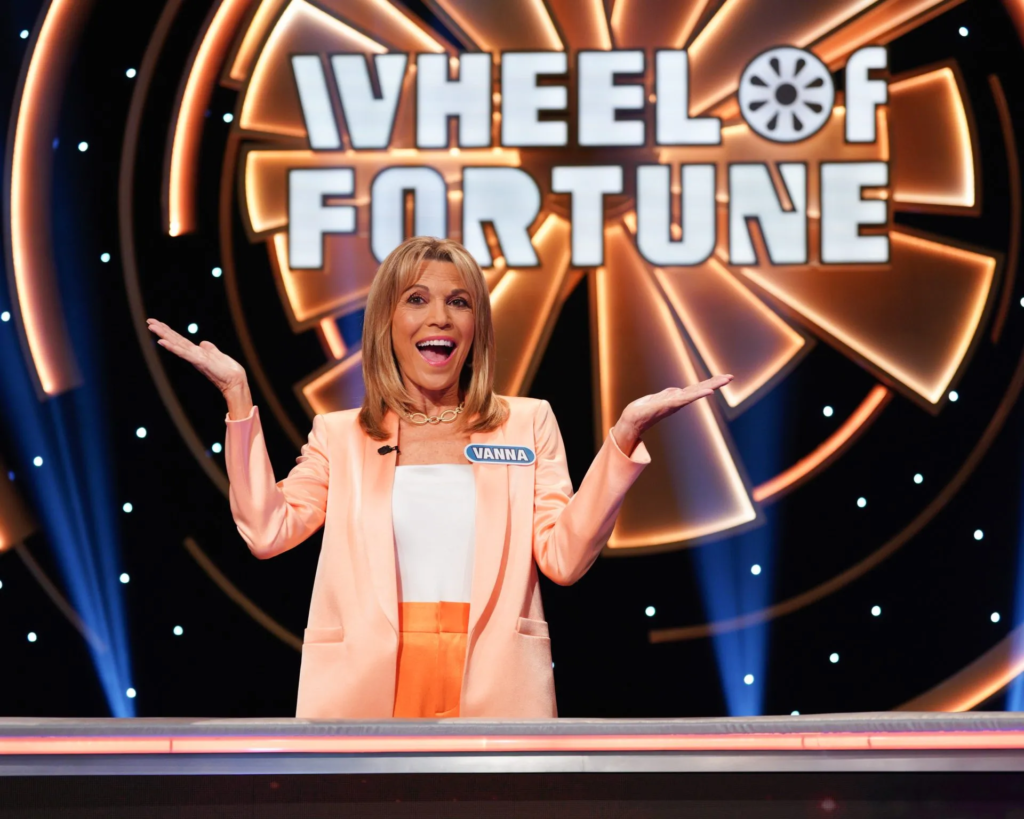Vanna White on the set of Wheel of Fortune, where she has served as the iconic co-host and puzzle board turner since 1982
