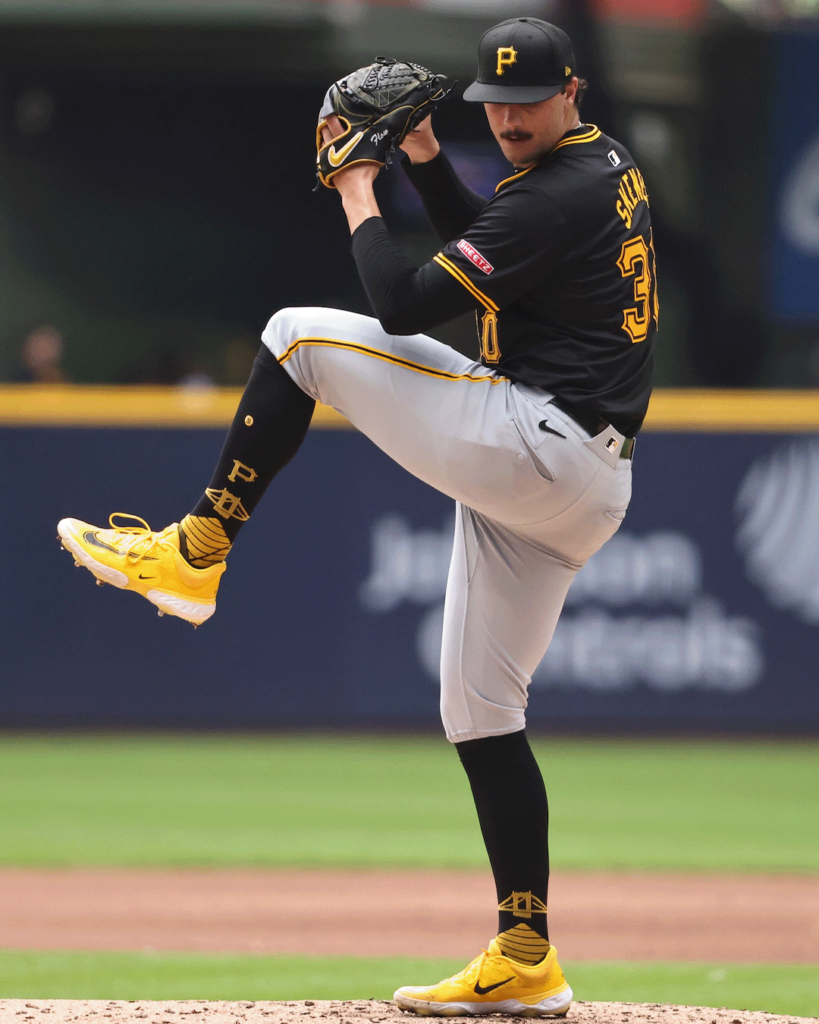 Paul Skenes making a pitch during a baseball game for the Pittsburgh Pirates