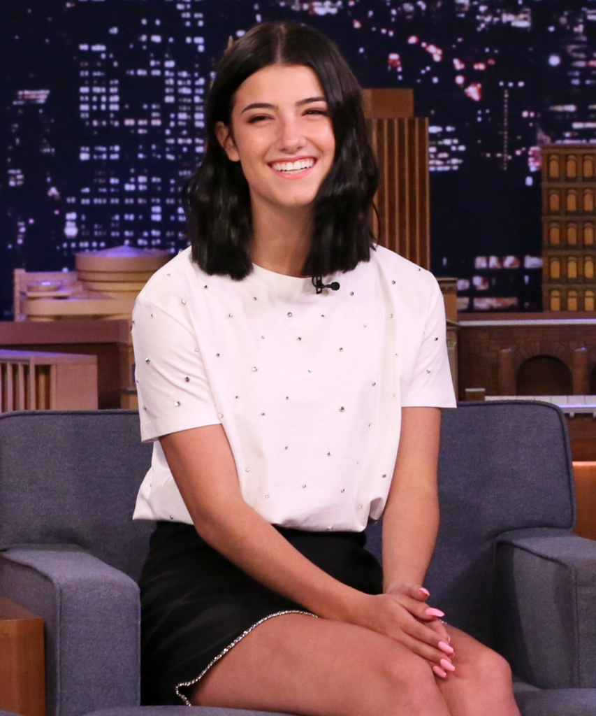 Charli D'Amelio on The Tonight Show Starring Jimmy Fallon wearing a white studded t-shirt