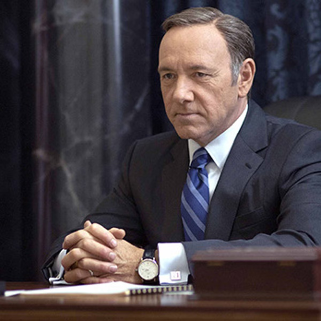 Kevin Spacey portraying the fictional character Frank Underwood in the Netflix series House of Cards