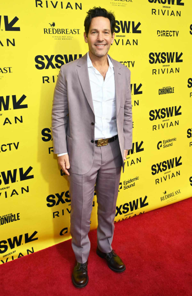 Paul Rudd in a patterned suit at the Death of a Unicorn premiere during the SXSW Film Festival in March 2025