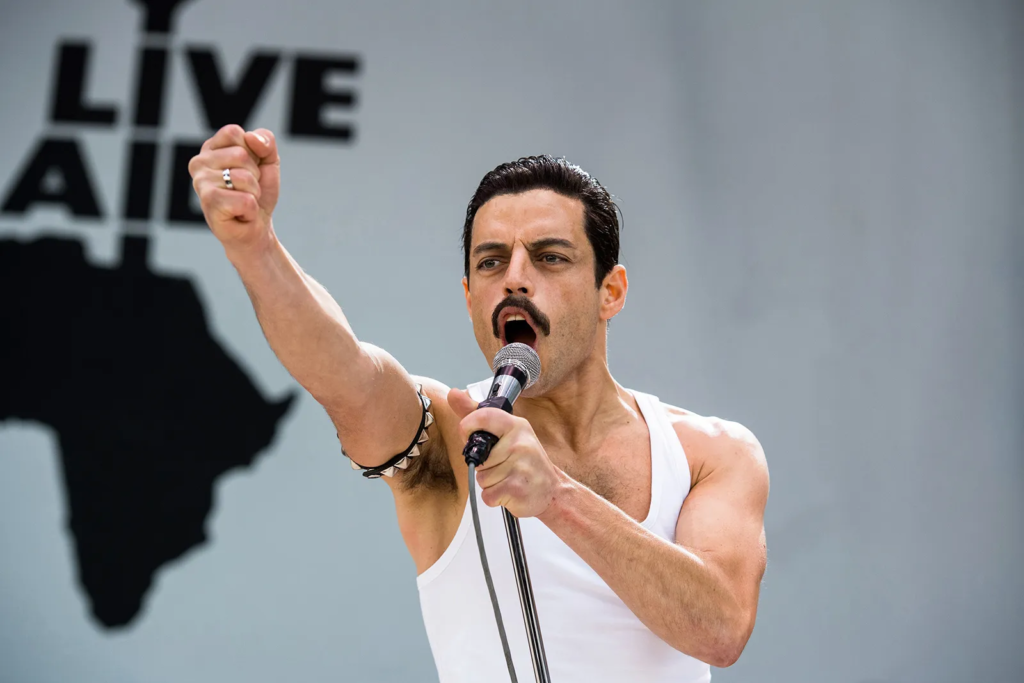 Rami Malek portraying Queen lead singer Freddie Mercury in the 2018 biographical film Bohemian Rhapsody