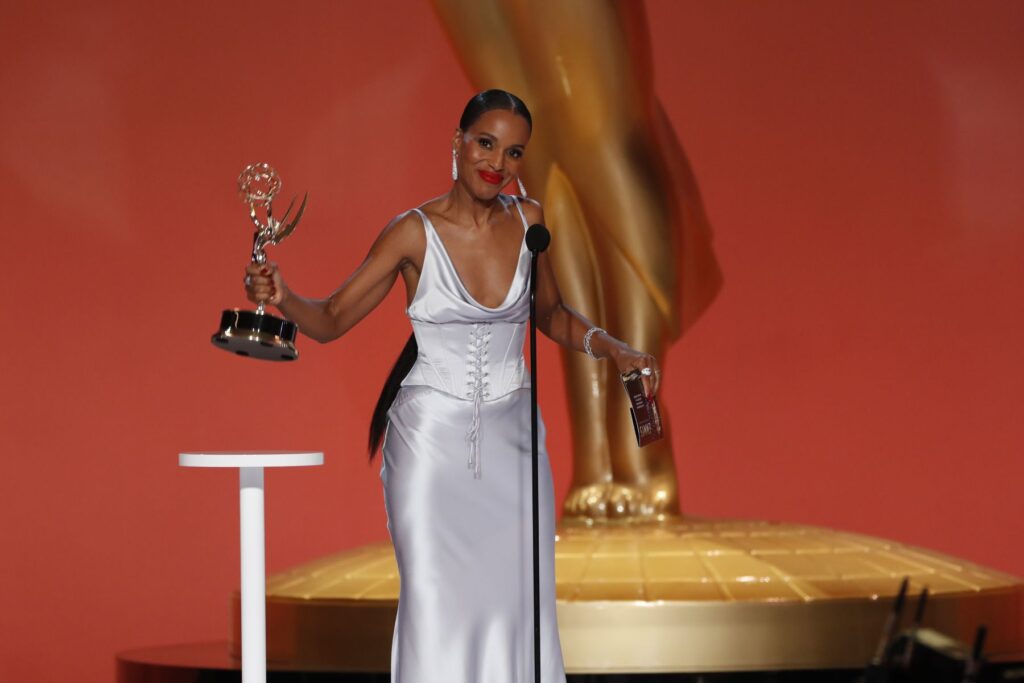 Kerry Washington wears an Etro silver satin gown with a corset detail while honoring Michael K. Williams at the 73rd Primetime Emmy Awards