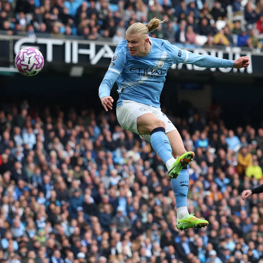 Erling Haaland wearing the Manchester City sky blue jersey during a game at Etihad Stadium