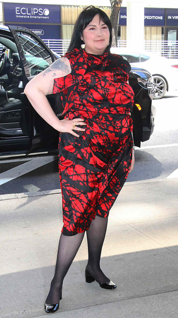 Lena Dunham in New York City on April 14, 2026, wearing a custom dress by Gwendoline English