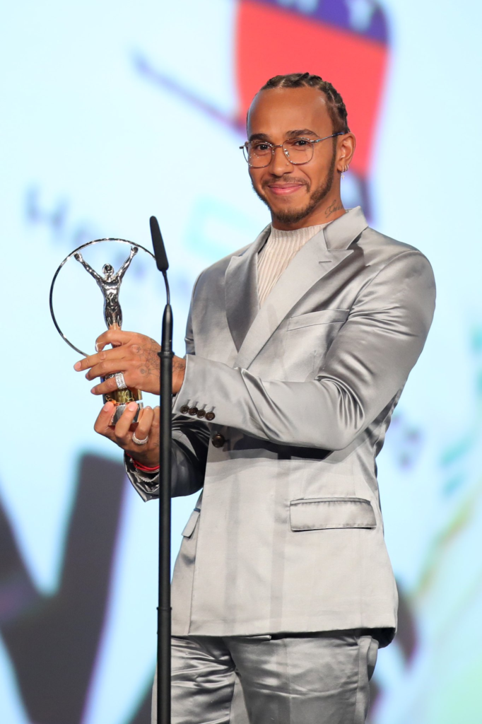 Lewis Hamilton wearing a Ted Baker silver satin blazer at the 2020 Laureus World Sports Awards