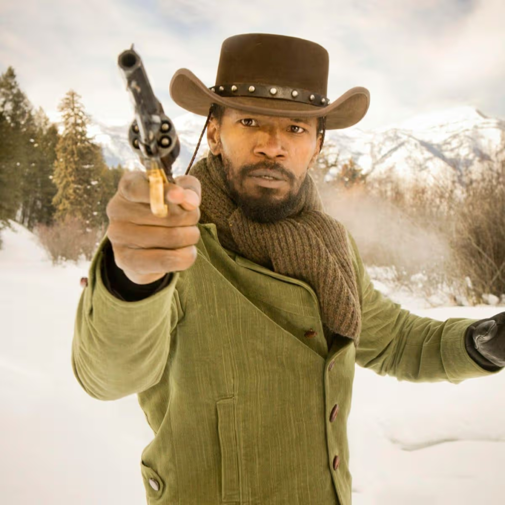 Jamie Foxx stars as the title character in the 2012 film Django Unchained, wearing a distinctive brown cowboy hat