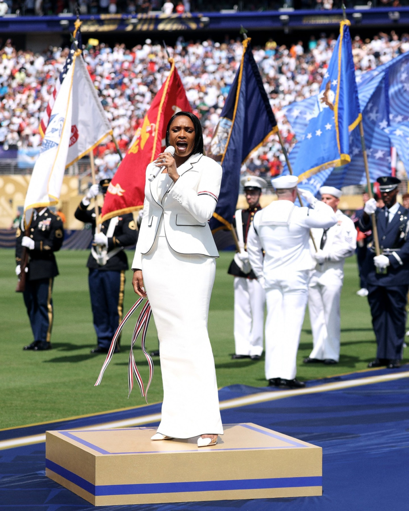 Jennifer Hudson wore a custom white Thom Browne skirt suit featuring iconic red, white, and blue stripe details at the 2026 FIFA World Cup Final