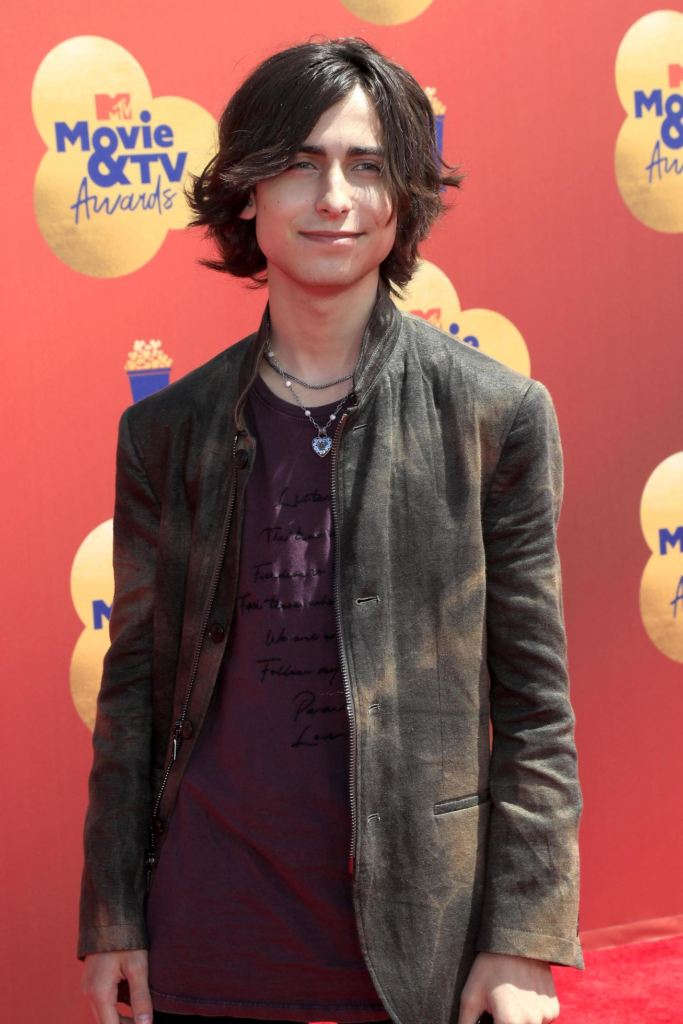 Aidan Gallagher at the 2022 MTV Movie and TV Awards wearing a dark, textured blazer over a graphic t-shirt