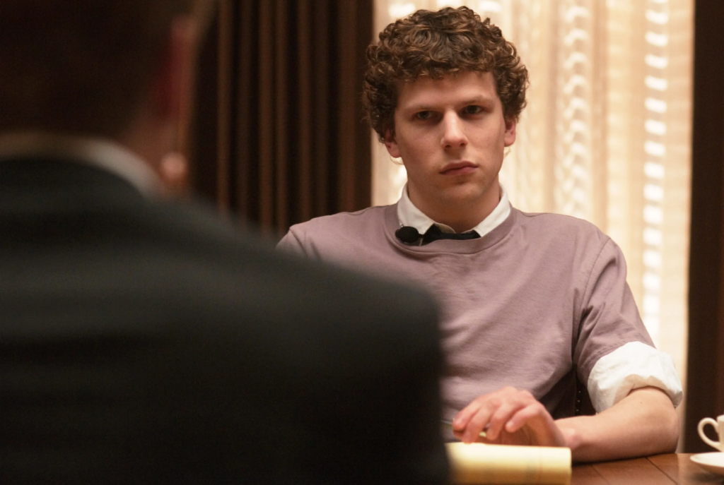 Jesse Eisenberg portraying Mark Zuckerberg in the 2010 film The Social Network, a role for which he received an Academy Award nomination