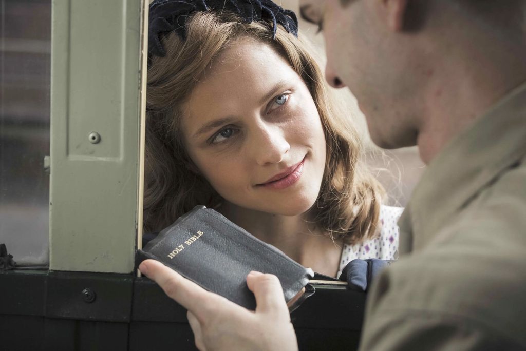 Andrew Garfield and Teresa Palmer in a quiet, emotional scene from the biographical war drama film Hacksaw Ridge (2016), directed by Mel Gibson