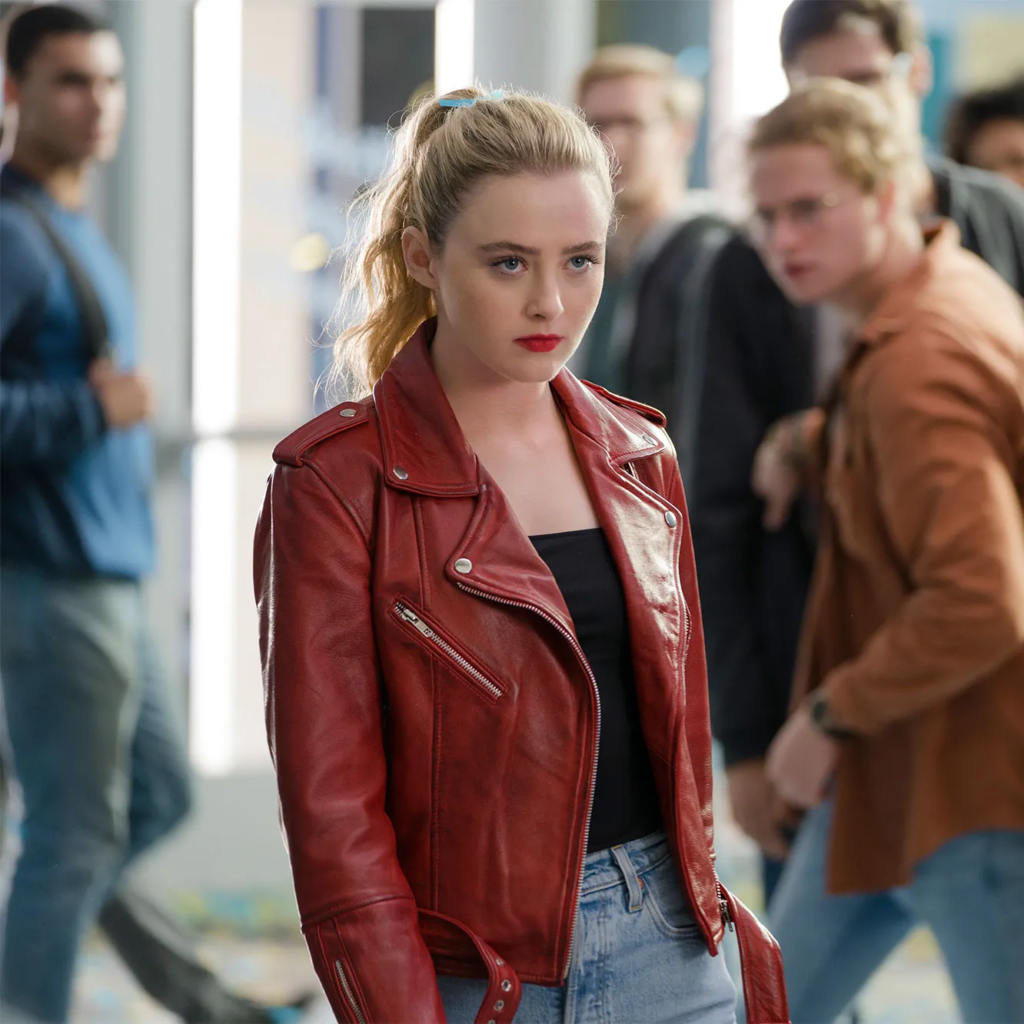 Kathryn Newton wearing a red leather jacket as Millie Kessler in the horror-comedy film Freaky (2020)