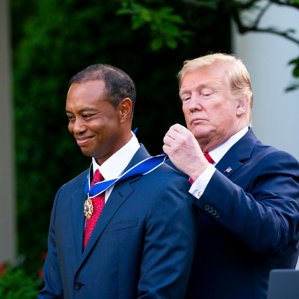 President Donald Trump presents the Presidential Medal of Freedom to golfer Tiger Woods during a White House ceremony on May 6, 2019